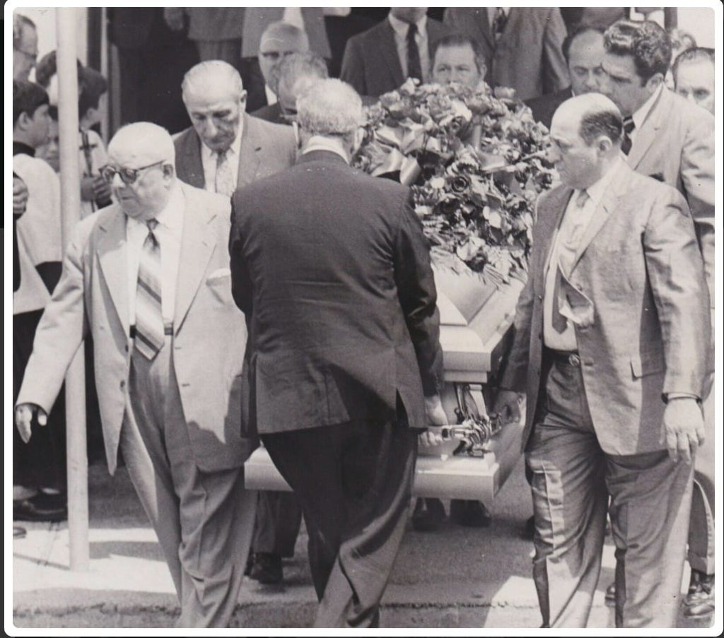 Sam;s funeral on June 28 1970. Pallbearers include Joe Tufaro (back left), back right is pro golfer Andrew McGinnis and front right is Joe Paternostro.